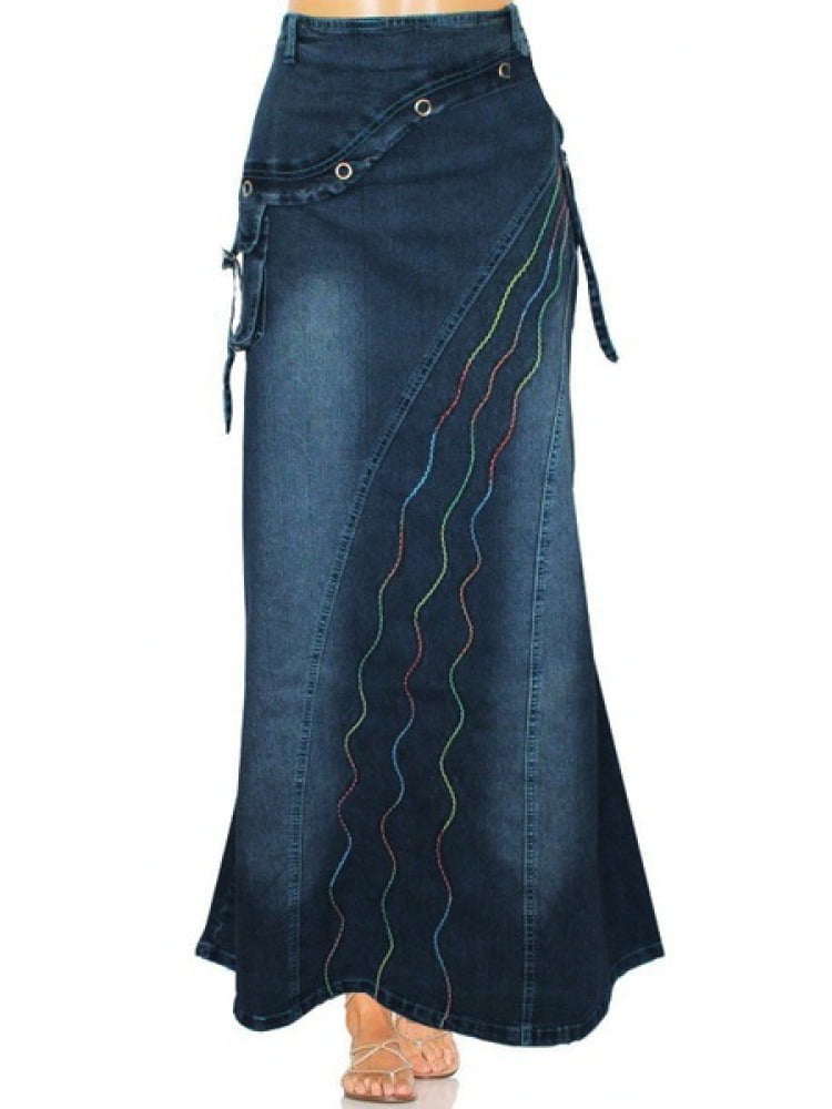 Women Casual Long Denim Skirt Side 