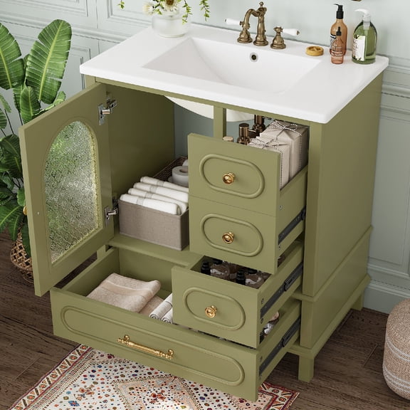 30" Bathroom Vanity with Ceramic Sink, Free Standing Single Vanity Set with 3 Storage Drawers and Semi-transparent Cabinet Door, Wood Cabinet with Ceramic Basin for Bathroom, Green