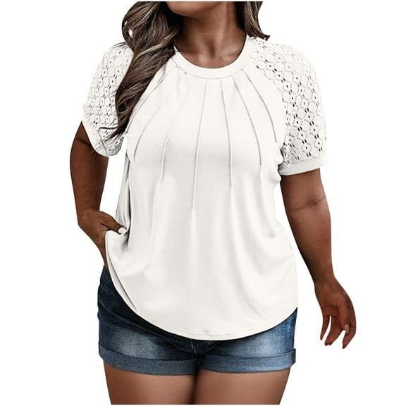 Aofany Women Plus Size Round Neck T Shirts Casual Summer Tees Tops Loose Fit Pleated Lace Short Sleeve Tunics Tops