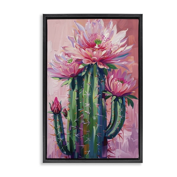 Stupell Industries Pink Blossomed Cactus Floral Painting Black Floater Framed Canvas Art Print Wall Art, 17 x 25