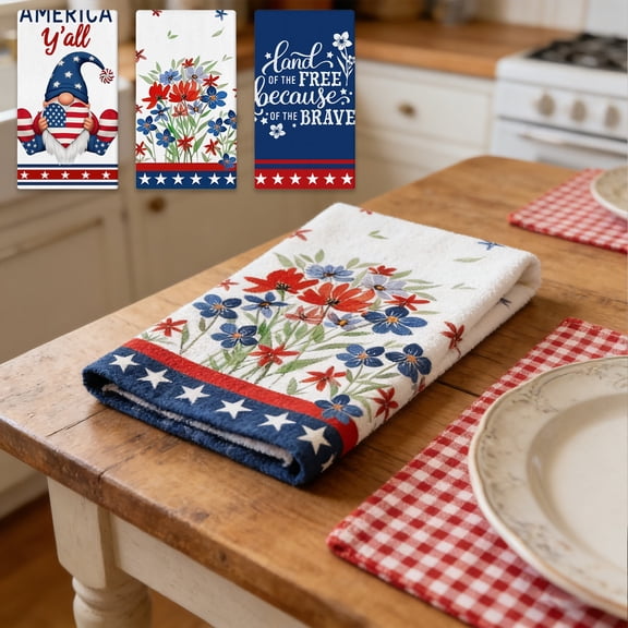 4th of July Patriotic Kitchen Towels, 100% Cotton Highly Absorbent Red White Blue Star Stripes Hand Towels, Lint-Free Quick-Dry Tea Towels for Cooking Baking Kitchen Cleanup Party Use, A