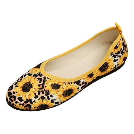 OJSFQUFP Womens Casual Shoes Large Size Flower Shallow Mouth Casual Shoes Fall New Flat Women s Shoes In Europe and The United States Single Shoes Leather Flats for Women Yellow 42