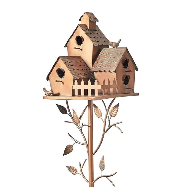 Outdoor Metal Birdhouse Stake, Copper Cottage Bird House Stakes