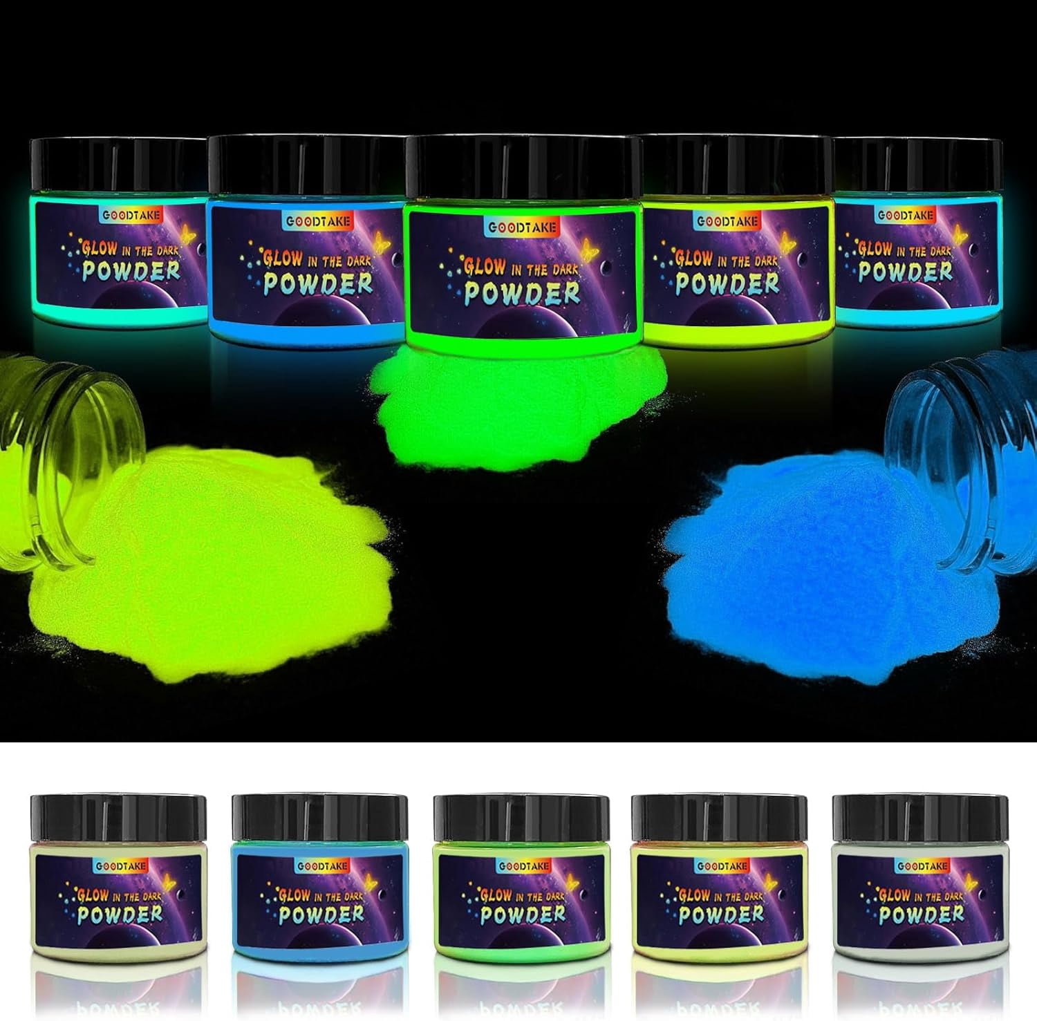 GOODTAKE Glow in The Dark Powder, 9 Colors Glow Powder Set - Glow In The Dark Pigment Powders for Slime, Resins, Glue, Paints Or Nail Self Glowing Dye for DIY (9 Colors)