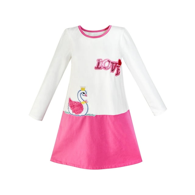 Girls Dress Duck Embroidery Long Sleeve Color Contrast Cotton 5 Years