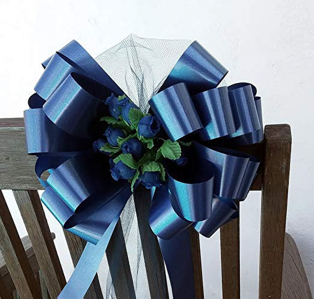 Navy Blue Wedding Pull Bows with Tulle Tails and Rosebuds - 8" Wide, Set of 6, Reception, Bridal Shower