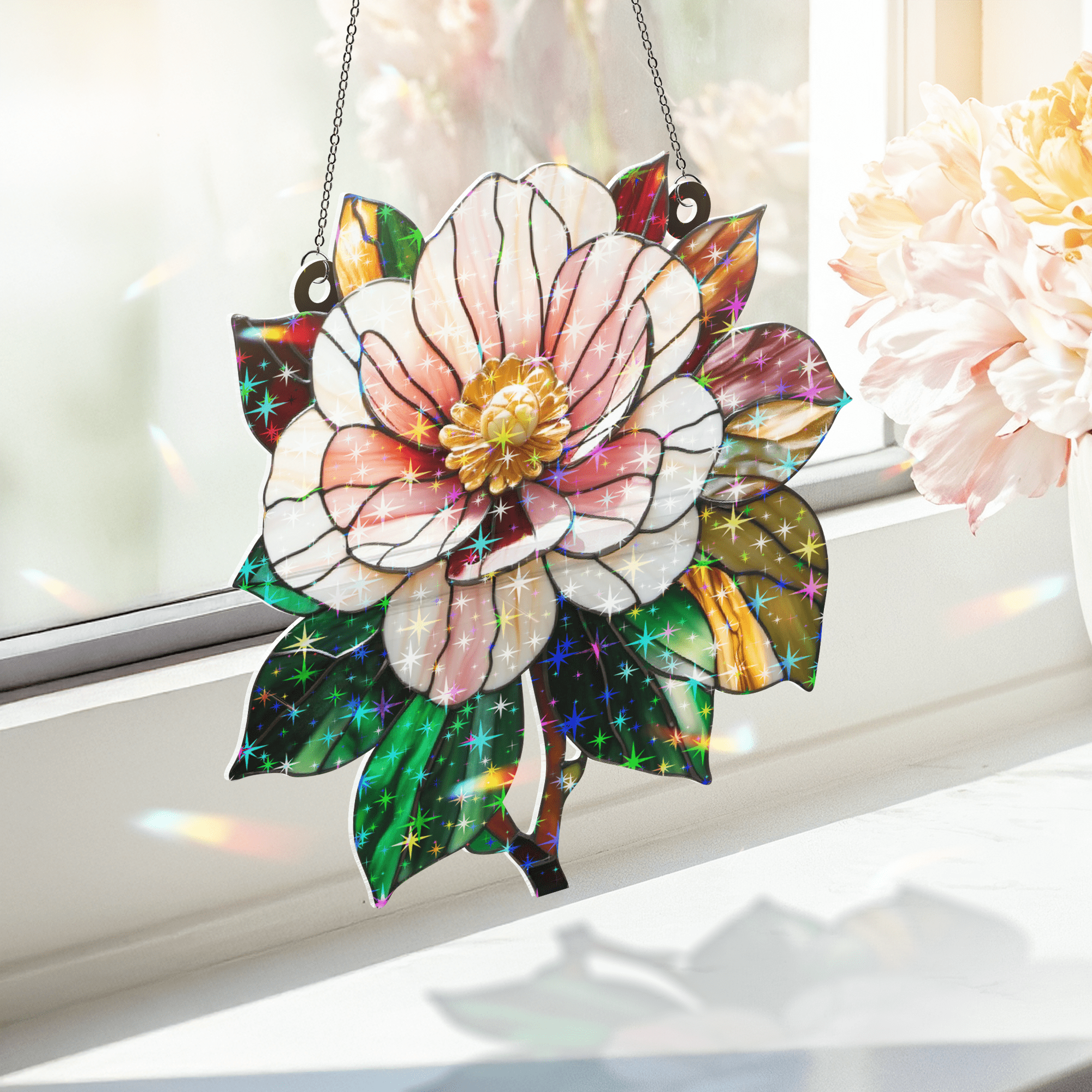 89Bloom Camellia Stained Glass Hologram Ornament, Stained Glass Suncatcher Ornaments Home Decor, Flower Holographic Ornaments