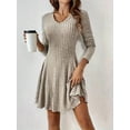 thumbnail image 6 of Women Long Sleeve Ribbed Knit Short Dresses Fall Winter V Neck Casual Swing A Line Sweater Dress Khaki XXL, 6 of 7