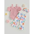 thumbnail image 5 of Musuos Baby Girls Summer Jumpsuits Set 6 12 18 24M 3T Button Short Sleeves Romper and Cow Head Flower Print Elastic Flare Pants Headband, 5 of 10
