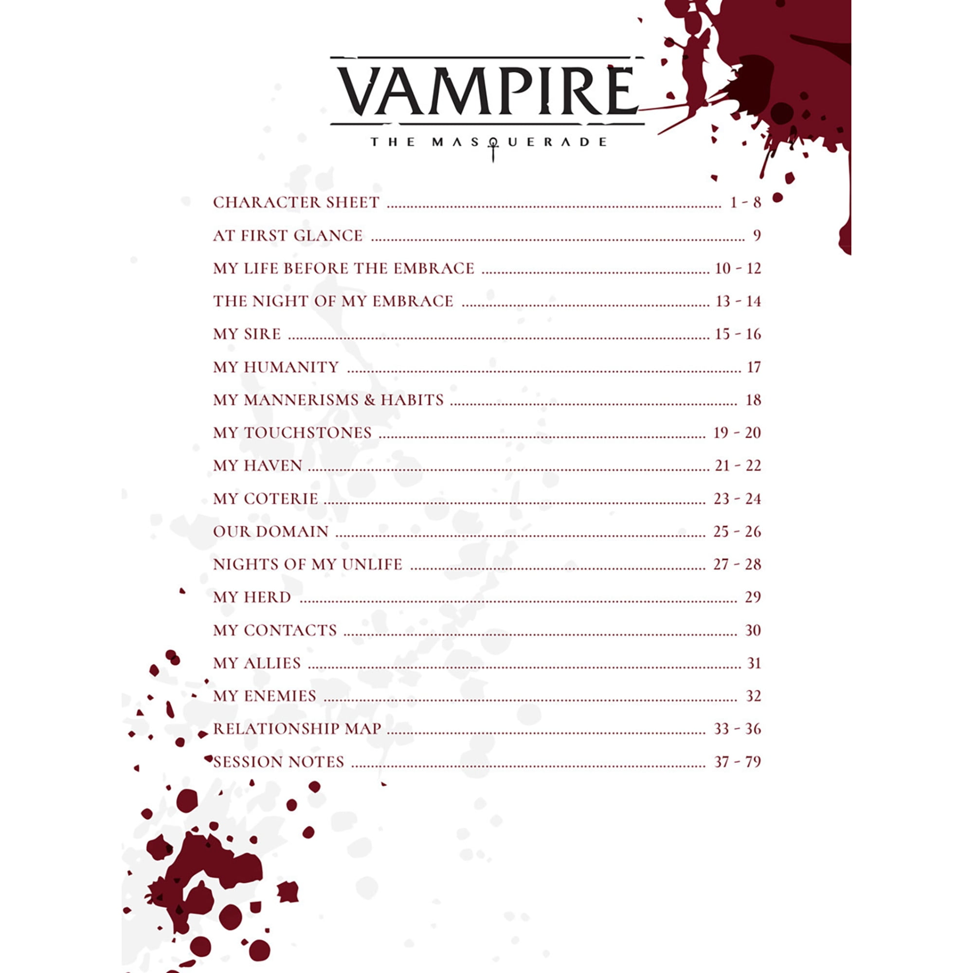 Vampire: The Masquerade 5th Edition Roleplaying Game PDF Fillable Character  Sheet