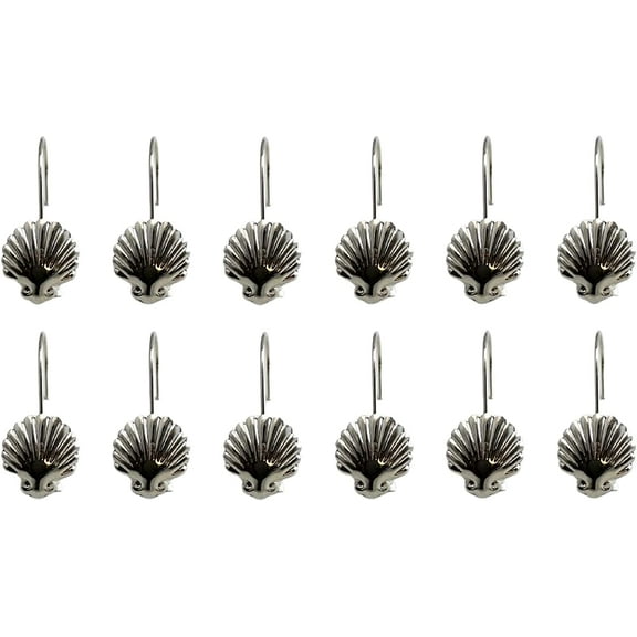 Silver Shower Curtain Rings Hooks Polished Shiny Chrome Seashells Decorative Shower Curtain Hooks Set of 12 Metal Rust-Proof Shower Hanger Rings for Bathroom Curtains Rods