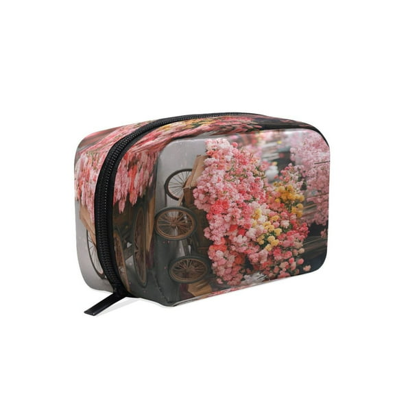 BZSMCE Makeup and Cosmetic Bag Women Simple Cart Filled with Colorful Flowers Pattern Square Cosmetic Bag