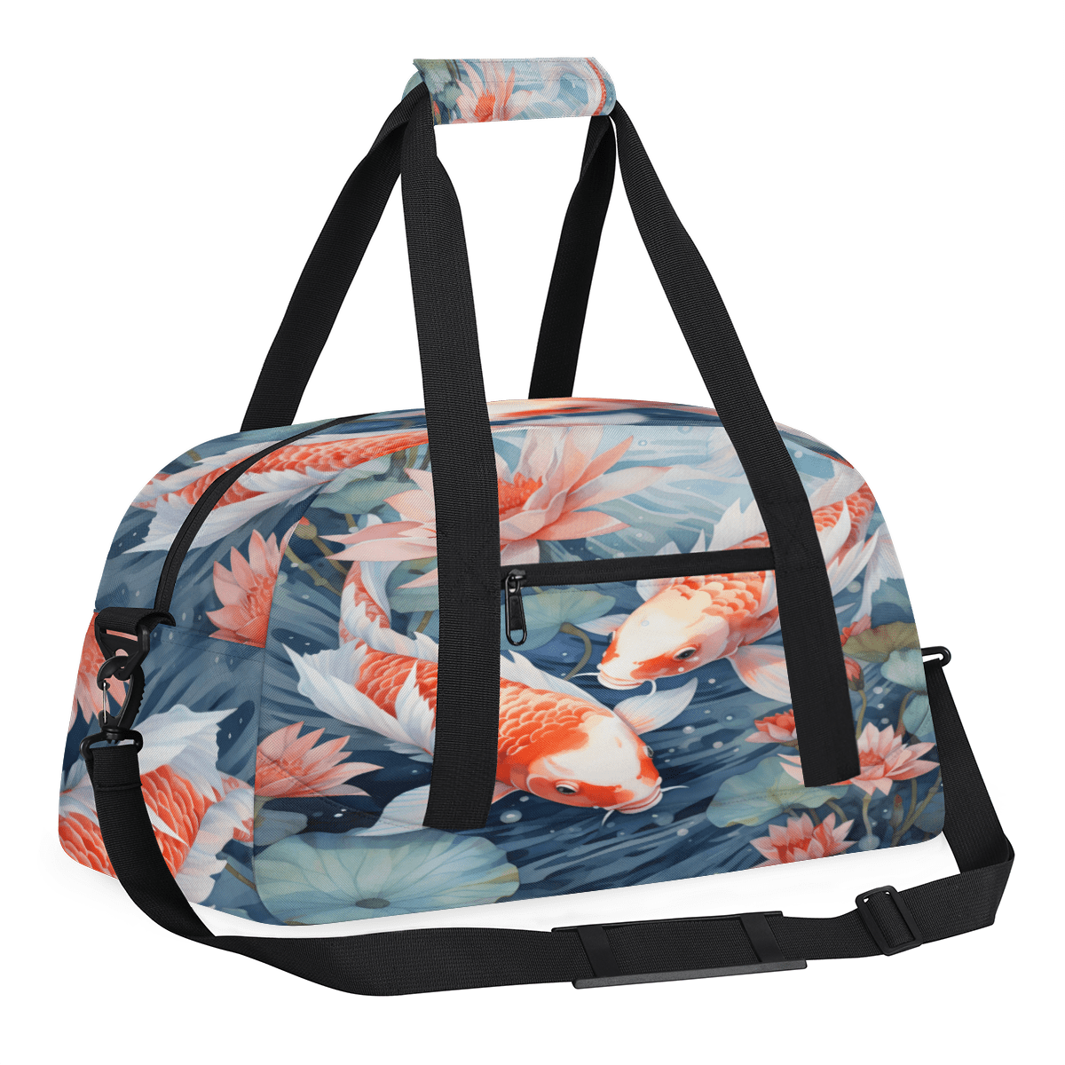 Herdesigns Colorful Carp Lotus Leaf Sports Duffle Bag for Women & Men, Japanese Art Gym Bag Dance Bag Overnight Bag Carry On Weekender Travel Bag