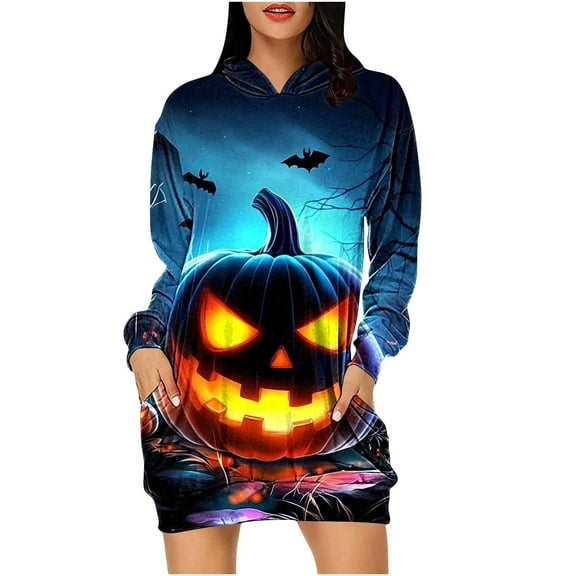 Taqqpue Halloween Print Hoodie Dress for Women Ghost Pumpkin Witch Mini Dresses Halloween Costumes Long Sleeve Cosplay Halloween Party Dress with Pockets