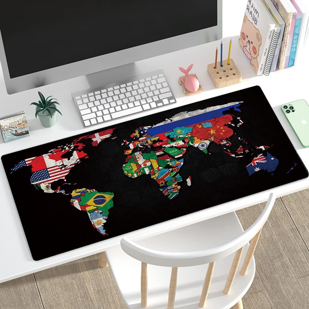 31.5x11.8 Inch Black World Flag Map Long Extended Large Gaming Mouse Pad with Stitched Edges Computer Keyboard Mouse Mat Desk Pad
