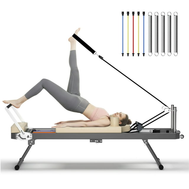 Soges Machine de Pilates Pliable pour la Maison, Machine de Pilates Portable avec Ressorts et Cordons Élastiques Colorés, Équipement de Pilates pour Tous les Niveaux, jusqu'à 330 Lb, Beige