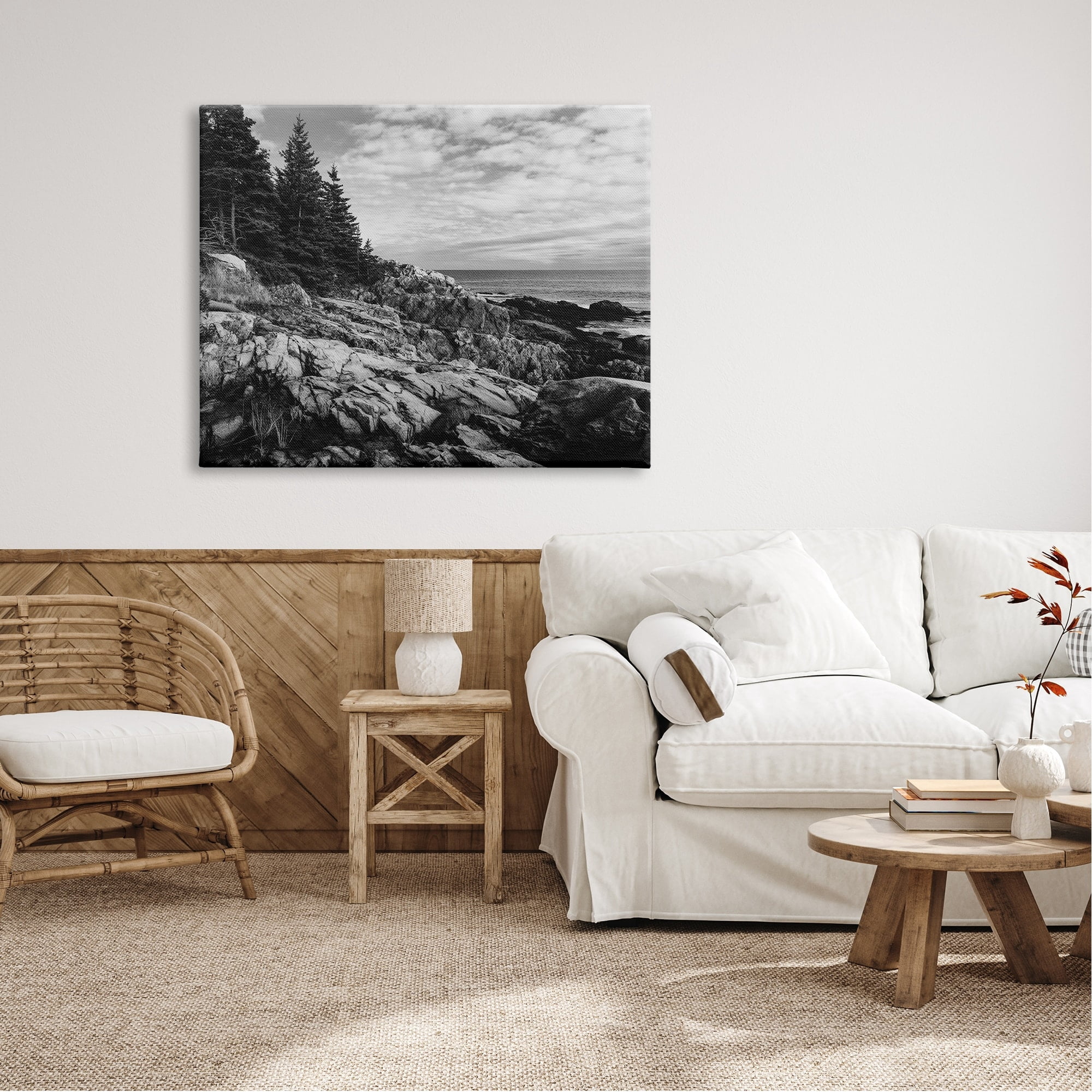 Stupell Industries Rocky Ocean Water Cloudy Coast Monochrome Nature Canvas Wall Art, 48 x 36, Design by Daniel Sproul