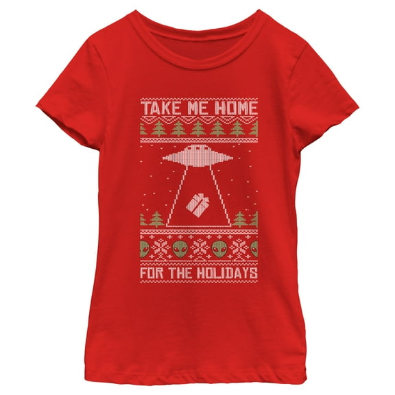 Girl's Lost Gods Ugly Christmas Take Me Home for the Holidays  Graphic Tee Red X Large