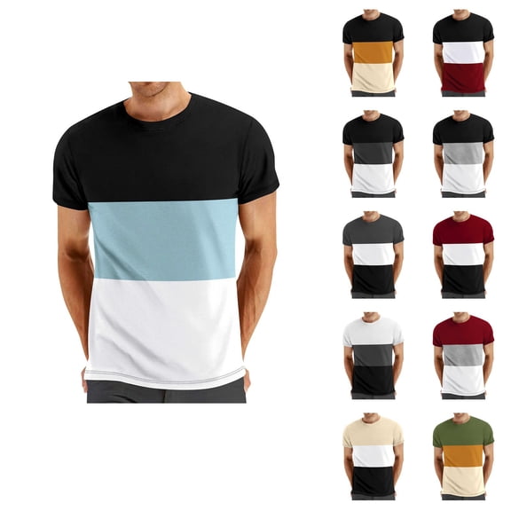 Ahuyic Mens Plus Size Top,Mens Summer Blouse,Mens Casual Round Neck Patchwork Pullover Fitness Sports Shorts Sleeves T Shirt Blouse Gray S