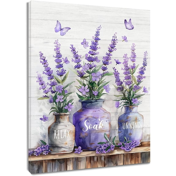 Farmhouse Lavender Wall Art for Bathroom Purple Floral and Butterfly in Vase and Inspirational Quotes on Rustic Wood Canvas Wall Art Flower Wall Art Paintings Living Room Decor,10L X 8W Inches