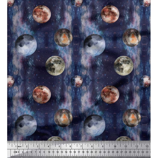 Soimoi Blue Polyester Crepe Fabric Moon & Planet Galaxy Decor Fabric Printed BTY 52 Inch Wide