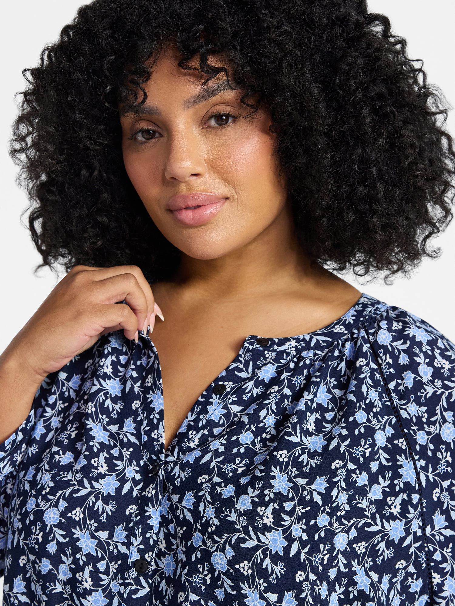 Terra & Sky Women's Plus Size Button Blouse with 3/4-Length Sleeves, Sizes 0X-5X