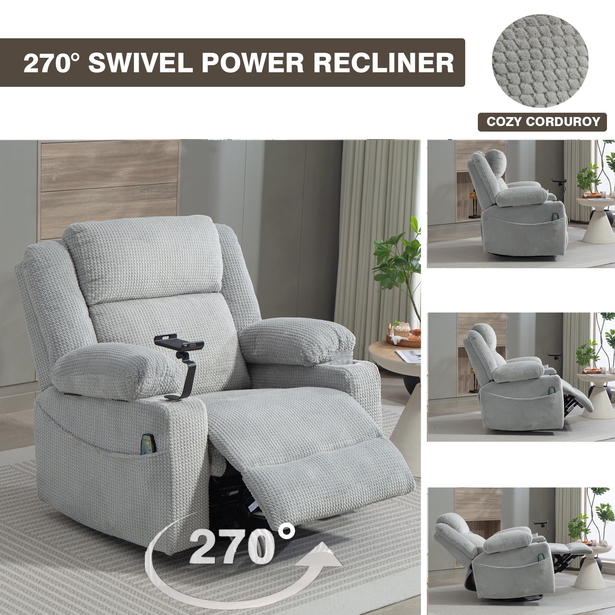 LITVZ Power Oversized Swivel Rocker Recliner with Adjustable Headrest, Dual Motor Glider Nursery Rocking Chair with Vibration Heat, USB A&C Ports, Armrest Storage, Cup Holder for Adults