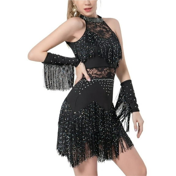 Women Rhinestone Lace Latin Dancewear Dress Armband Shorts Ballroom Fringe Skirt Samba Party Stage Clothes Outfit