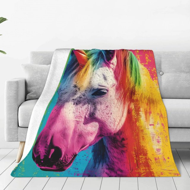 Fotbe Watercolor White Horse Manta de Franela Acolchonada con Estampado, Súper Suave y Esponjosa, Extra Grande para Sofá, Cama, Uso Todo el Año-50"x40"