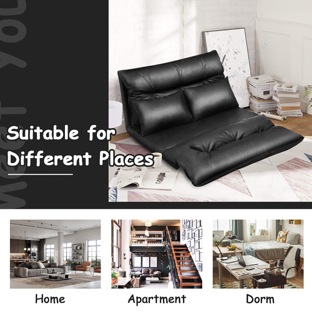 Finihen PU Leather Leisure Floor Sofa Bed, Folding Sleeper Chair Sofa Bed, Foldable PU Leather Leisure Floor Sofa Bed with 2 Pillows, for Living Room, Bedroom, Black Finihen PU Leather Leisure Floor Sofa Bed, Folding Sleeper Chair Sofa Bed, Foldable PU Leather Leisure Floor Sofa Bed with 2 Pillows, for Living Room, Bedroom, Black