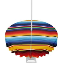 Outdoor Tablecloth Mexican Round Patio Tablecloths 60 Inch, Waterproof Table Cloths with Umbrella Hole and Zipper, Stripes Blue Assorted Multi Color Summer Table Cover for Outdoor Tables Garden