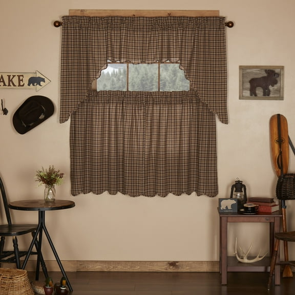 VHC Brands Prescott 4 PC Dark Brown Curtain Set (2 Swag 36x16 and 2 Tier 36x36)