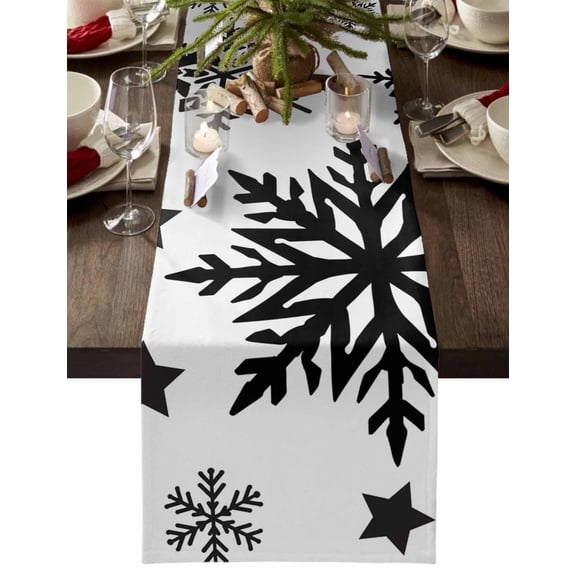 Christmas Table Runner Black Star Snowflake Table Runners Winter Snow Cotton Linen Dresser Scarf Kitchen Dining Table Decor for Christmas Holiday Party Decor 13x90 Inch