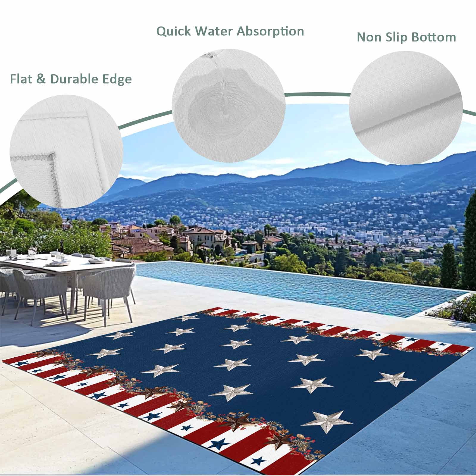 Fsddascl Country Star Farm Outdoor Rug for Patio/Deck/Porch, Non-Slip Large Area Rug 4 x 6 Ft, Red Blue Patriots Stripe American Flag Indoor Outdoor Rugs Washable Area Rugs, Camping Rug Carpet