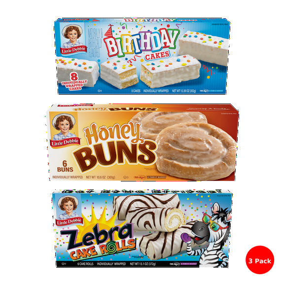 Little Debbie Snack Cake Combo (3 Pack) – Honey Buns - 6 Buns, Zebra Cake Rolls - 6 Cake Rolls, Birthday Cake - 8 Cakes (All Individually Wrapped)