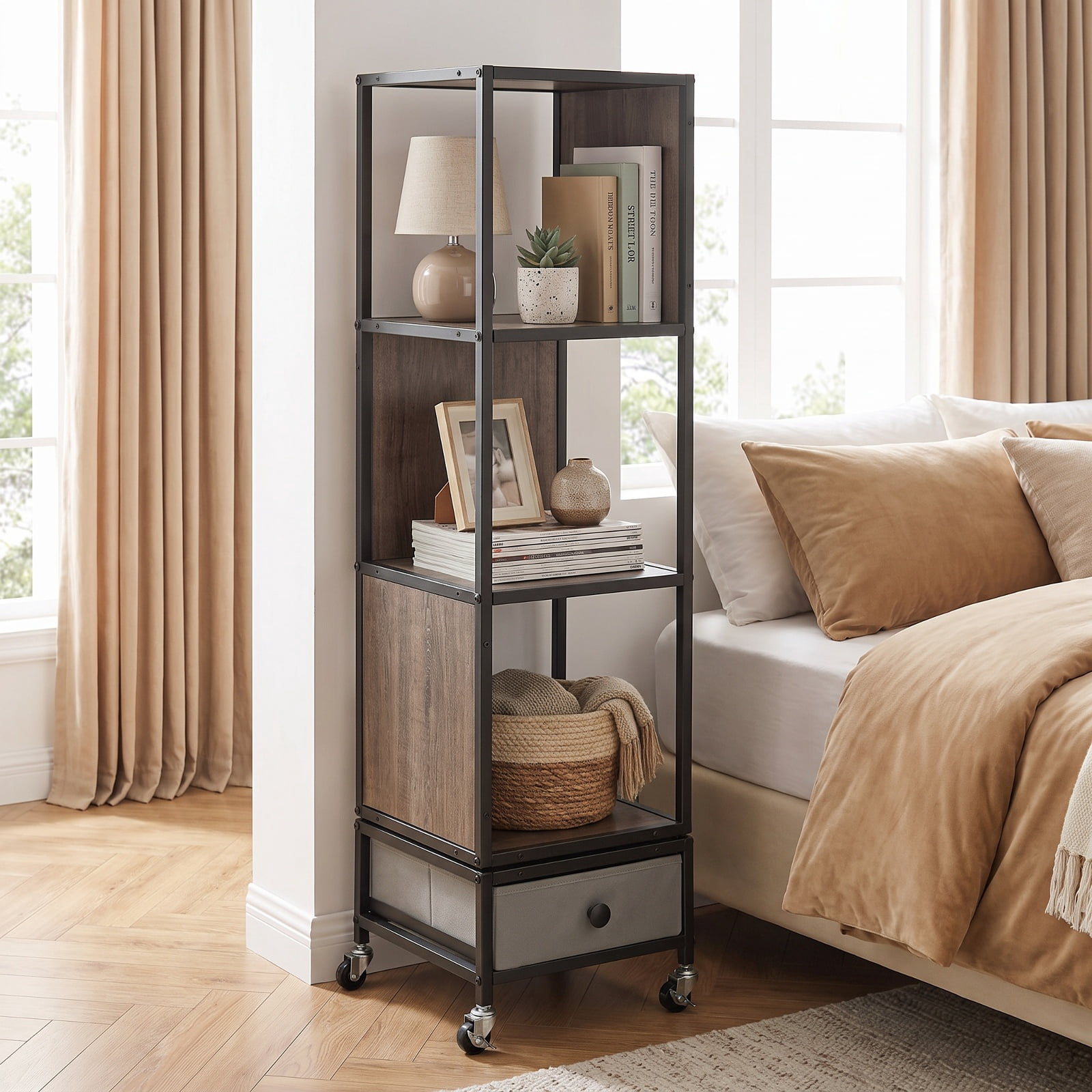 Furnibear 4-Tier Rotating Bookshelf on Wheels with Removable Drawer for Living Room Home Office Bedroom Display Storage Shelf, Gray