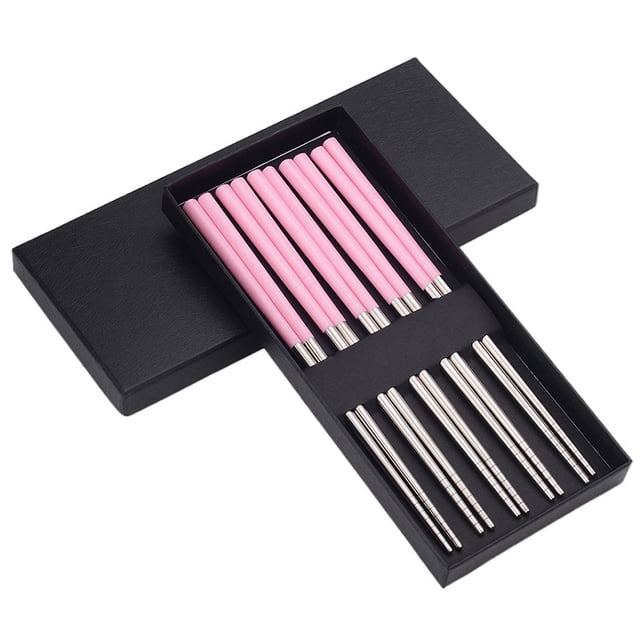Nvzi 5 Pairs Reusable Chopsticks Metal Wheat Straw Portable Stainless Steel Chop Sticks for Bento Box, Camping Use, Dishwasher Safe (Pink)