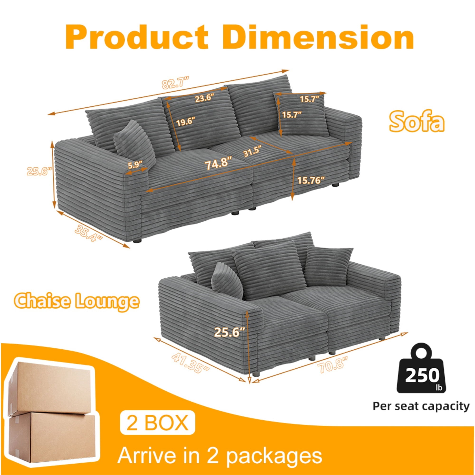 Alvantor 3-Seat Sofa 83 " W Corduroy Upholstered Deep Seat Couches Convertible Chaise for Living Room, Apartment Grey