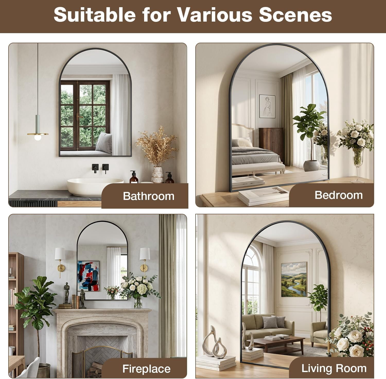 GRAHMY 24"x 16" Arched Bathroom Mirror Metal Frame Vanity Mirror Wall Mounted, Black
