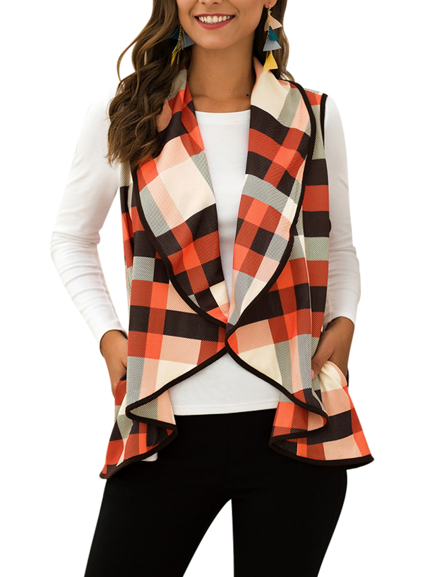 F_Gotal Womens Warm Color Block Plaid Zip Up Vest Sleeveless Lightweight Cardigan Jacket Outwear with Pockets 