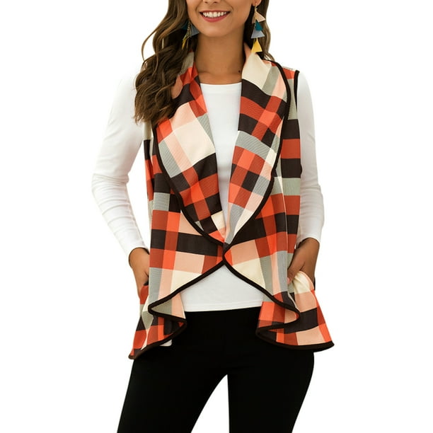 Women's Casual Lapel Open Front Plaid Vest Cardigan Coat With Pockets Red  Black And Orange S-XXL Fashion Outerwear - Walmart.com