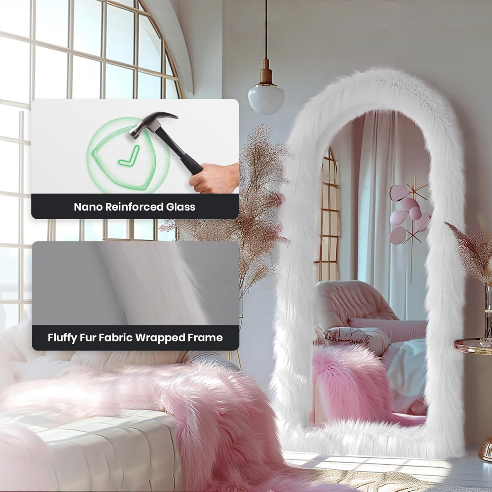 AUROMIR 71"x32" Arched Full Length Mirror Free Standing Mirror with Fluffy Framed, White