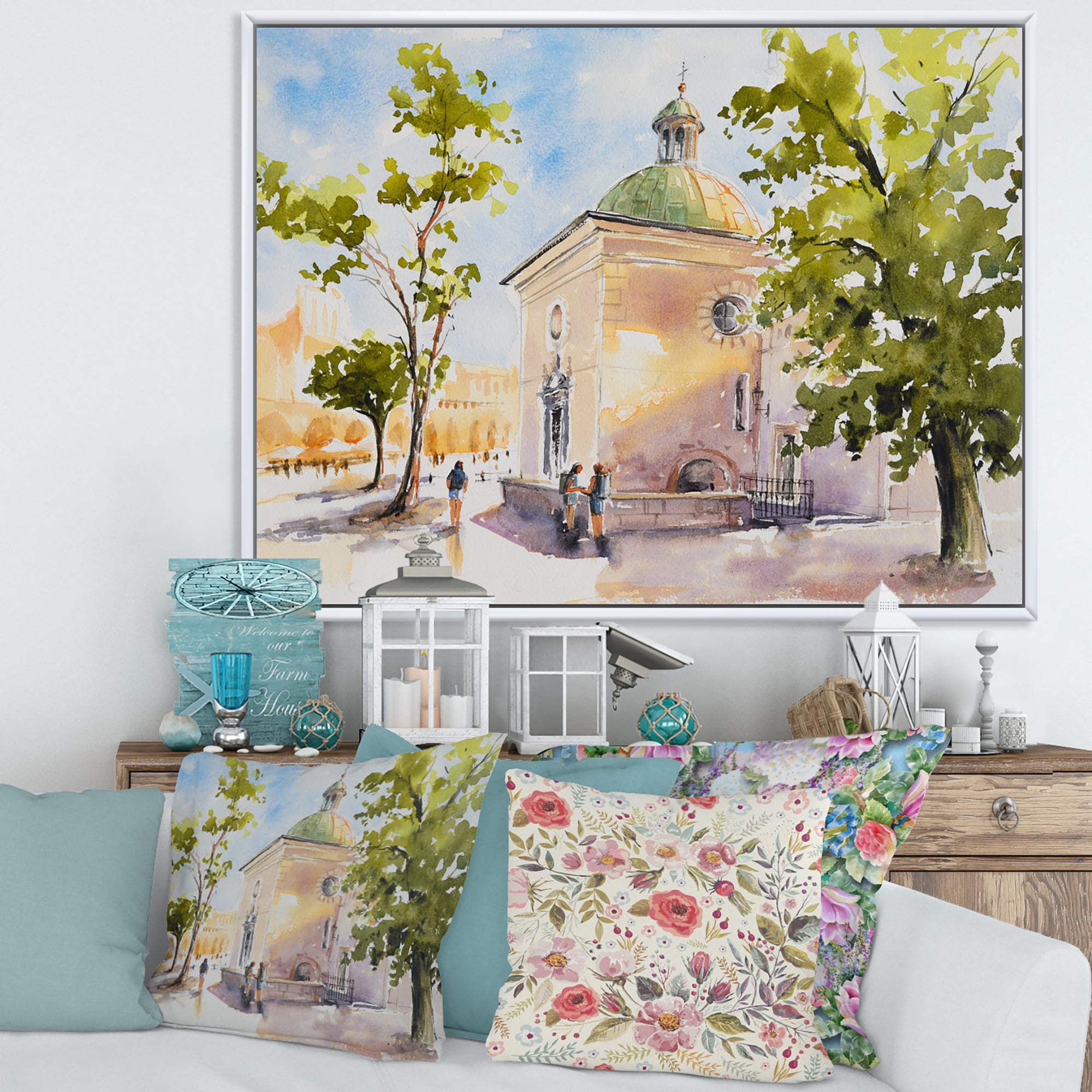 Designart 'People At Rustic Church In The Village' Country Framed Canvas Wall Art Print