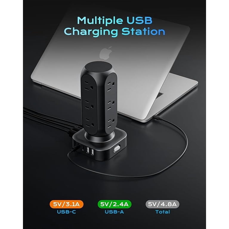 12 Outlet Power Strip With 6 USB Ports | 2 Inch Short Cord Flat Plug | 1080J Surge Protector For Home Office