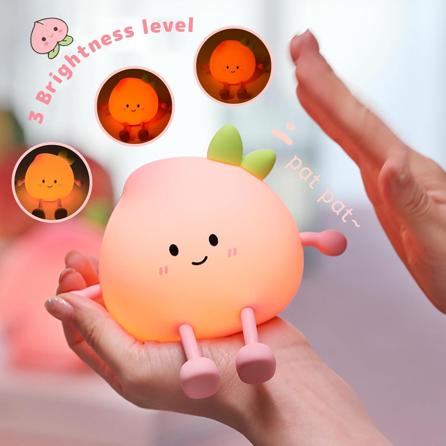 Night Light for Kids, Cute Peach Soft Silicone Nursery Light, 7 Colors & 3 Level Warm Light, Rechargeable Touch Pat Lamp, Bedside Baby Night Light Gift for Kids (Multicolour)
