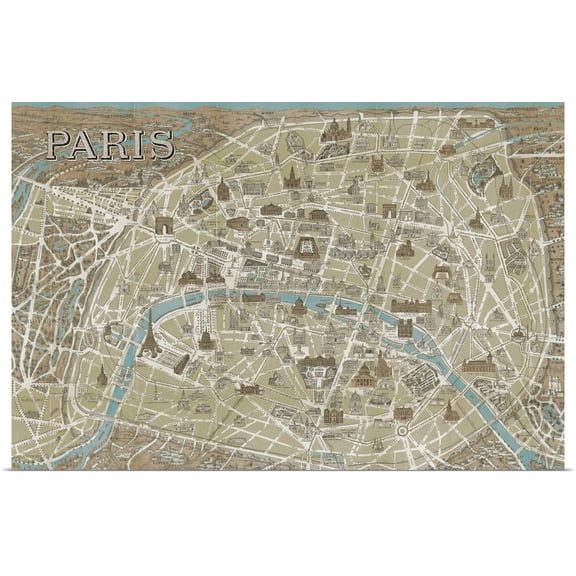 Great BIG Canvas | Rolled Poster Print entitled Monuments of Paris Map - Blue