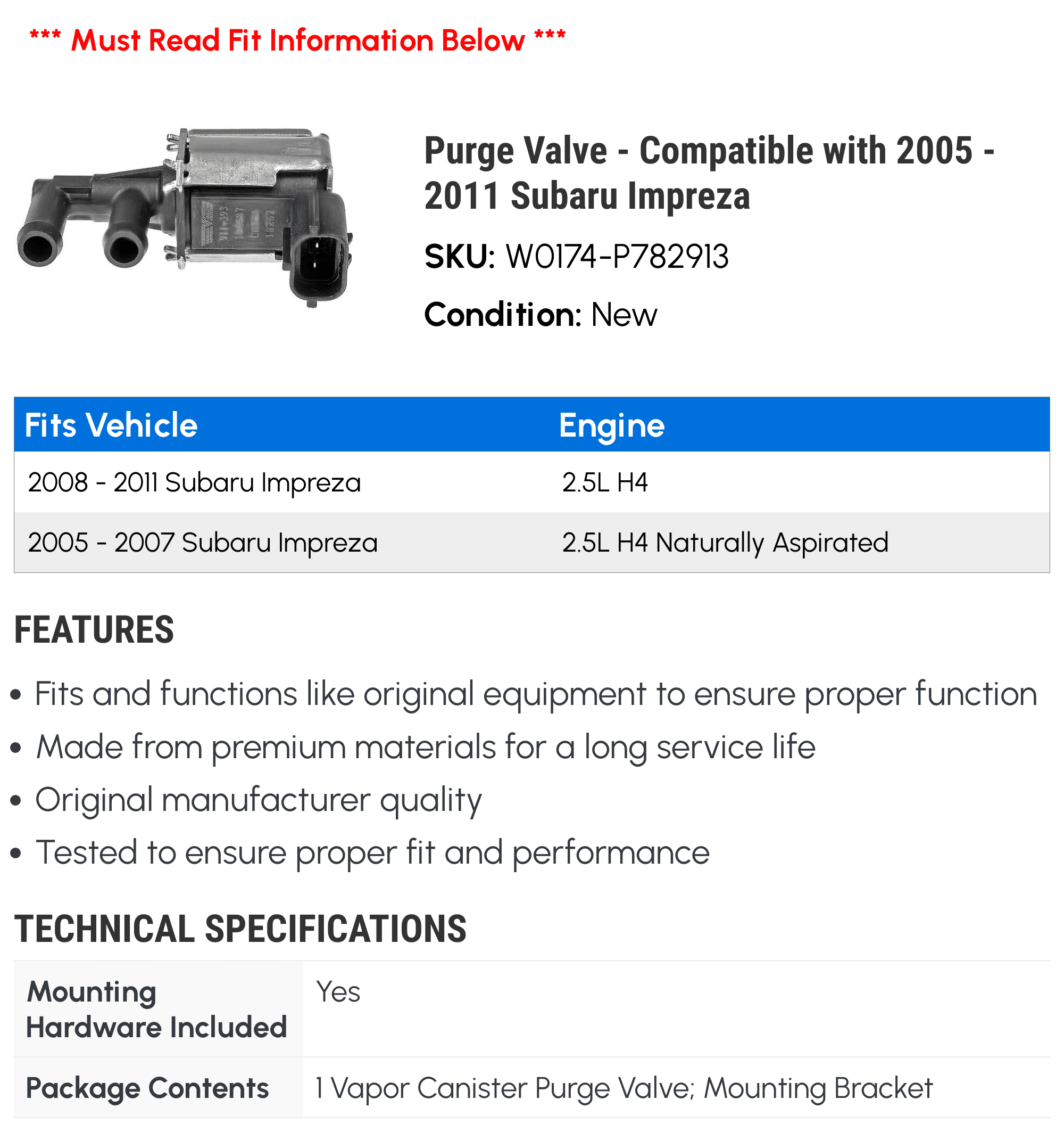 Purge Valve - Compatible with 2005 - 2011 Subaru Impreza 2006 2007 2008 2009 2010