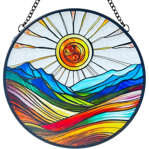 Artistic Colorful Sunrise Stained Glass Suncatcher - Window Wall Hanging Ornament Hand-Painted Glass Panel Sun Catcher - Decoration for Home Garden Christmas Party Wedding Housewarming Gifts