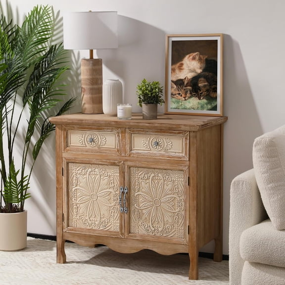 Sideboard Buffet Cabinet, Solid Wood Accent Cabinet with 2 Carved Doors and 2 Drawers, Vintage Credenza for Kitchen, Living Room, Hallway, Natural Oak