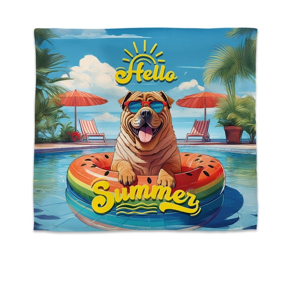 Hello Summer Chinese Shar-Pei Pool Day on Watermelon Float Tapestry Dog Lover Wall Hanging Backdrop Home Decor - 13008